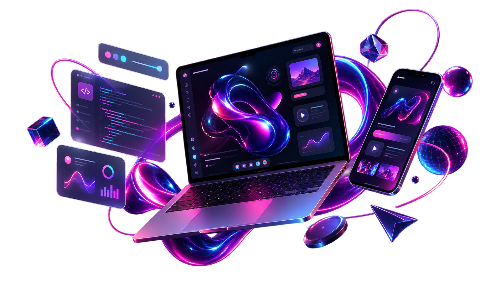 Interfaces futuristas em notebook e smartphone